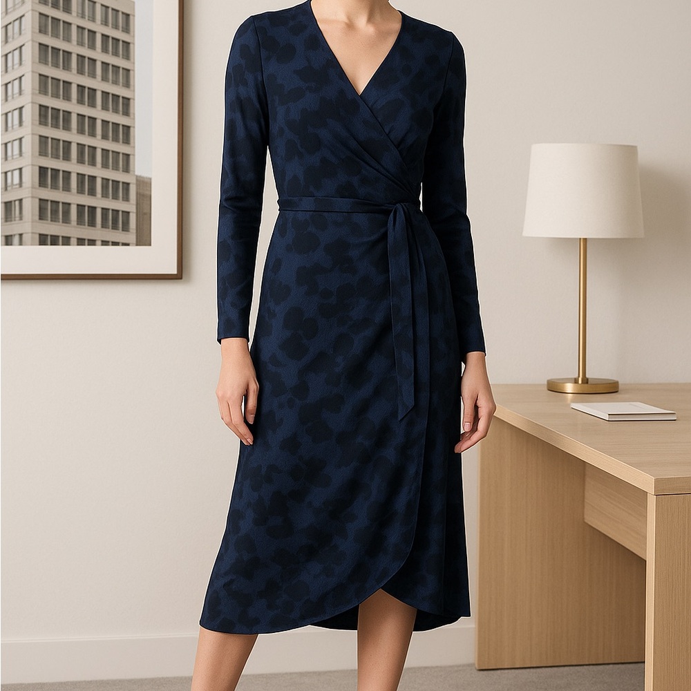 Halston Navy Floral Wrap Dress with Asymmetrical Hem – Size Medium